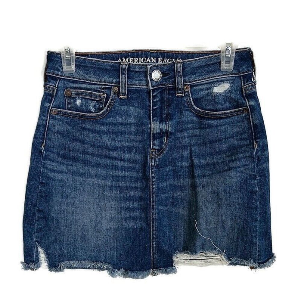 American Eagle Womens 4‎ Jean Skirt Med Wash Faded Denim Distressed Frayed Mini
